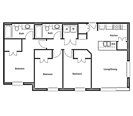 Floor plan for 3 beds, 2 baths, 1150 sqft